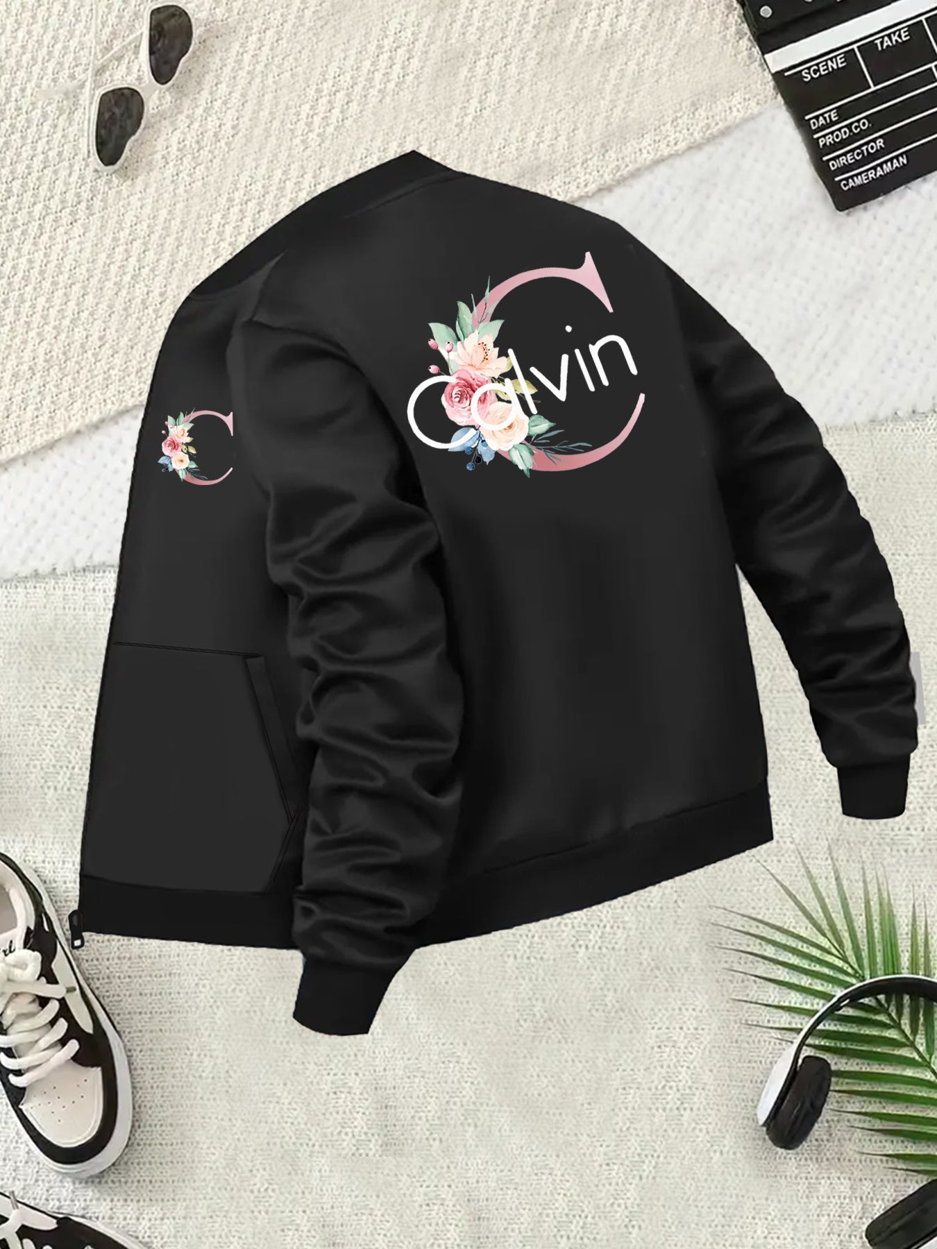 Plus Size Women's Casual Baseball Collar Jacket Black Floral Long Sleeve Pocket Outerwear