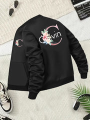 Plus Size Women's Casual Baseball Collar Jacket Black Floral Long Sleeve Pocket Outerwear