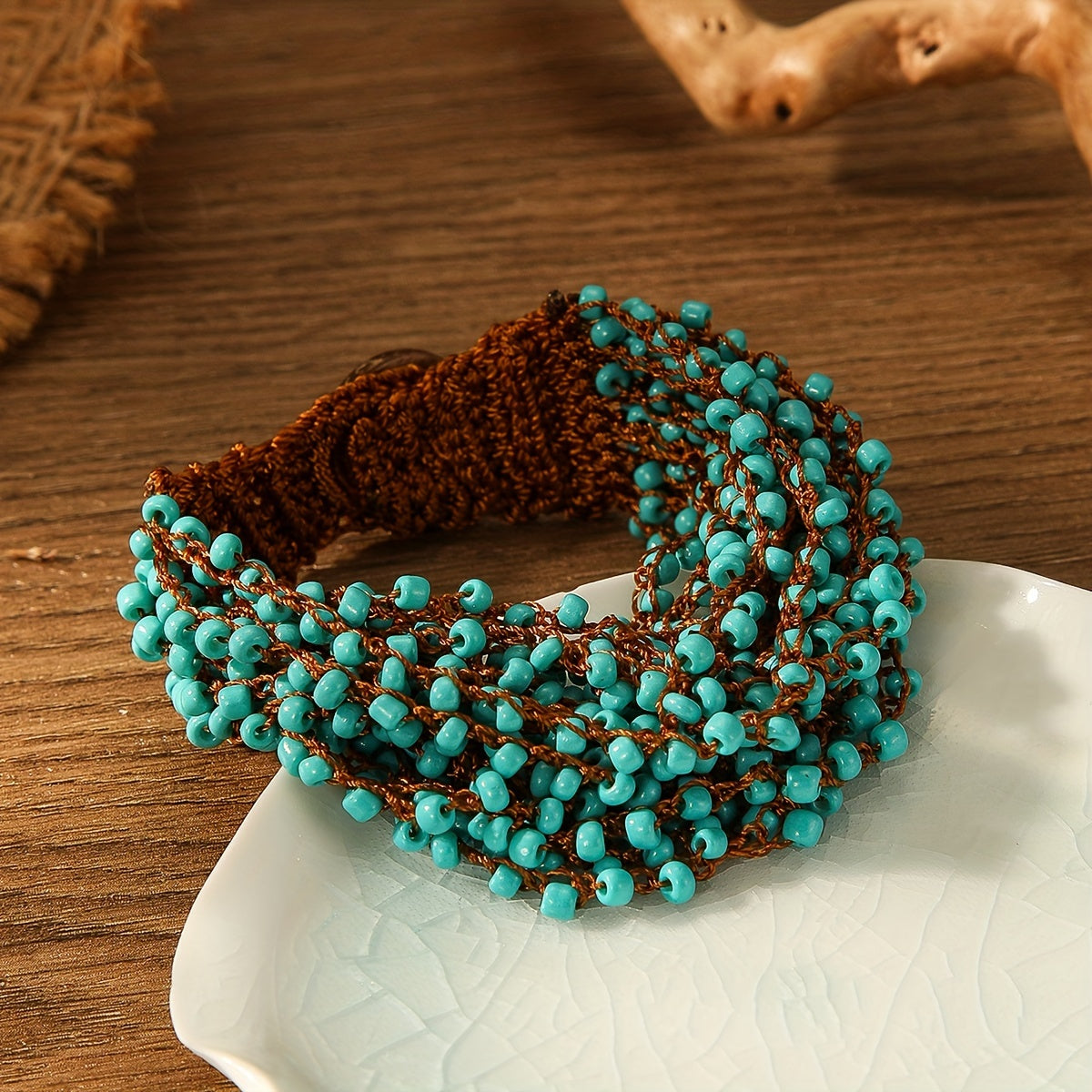 Green Crochet Boho Style Beaded Bracelet for Women Handmade Jewelry Gift