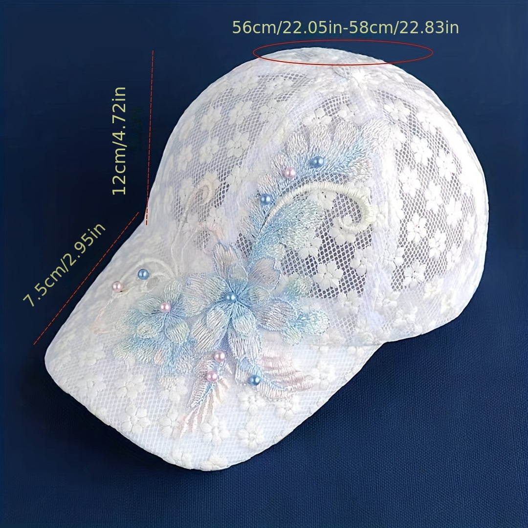 Women's Mesh Baseball Cap with Flower Embroidery Faux Pearl Lace Adjustable Breathable