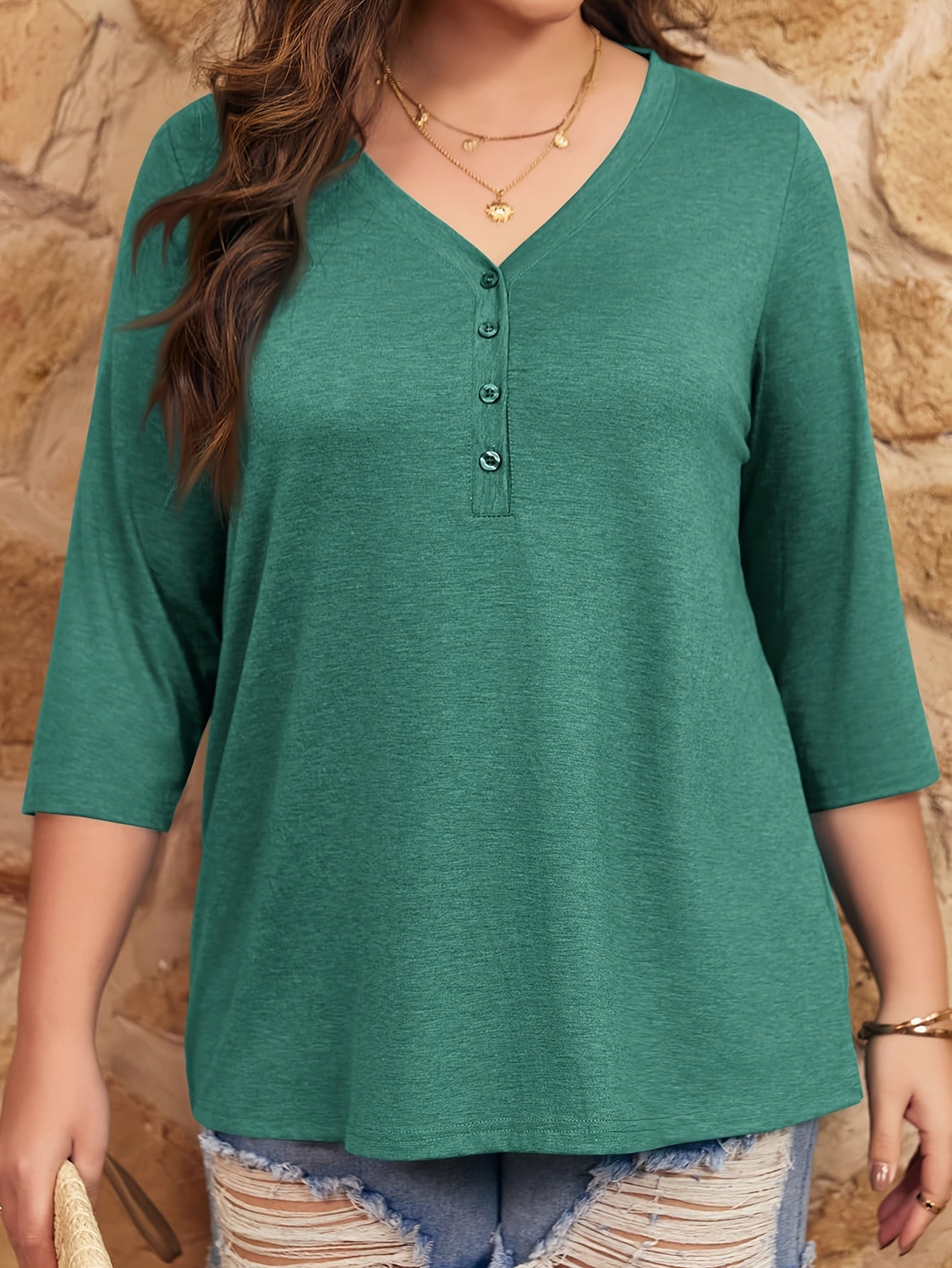 Women's Plus Size V-Neck Tunic Top 3/4 Sleeve Button Front Casual Breathable