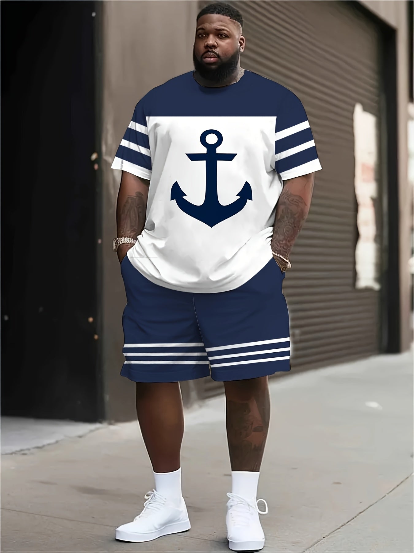 Plus Size Men's Anchor Pattern Print T-shirt and Shorts Set for Summer Outdoor Sports