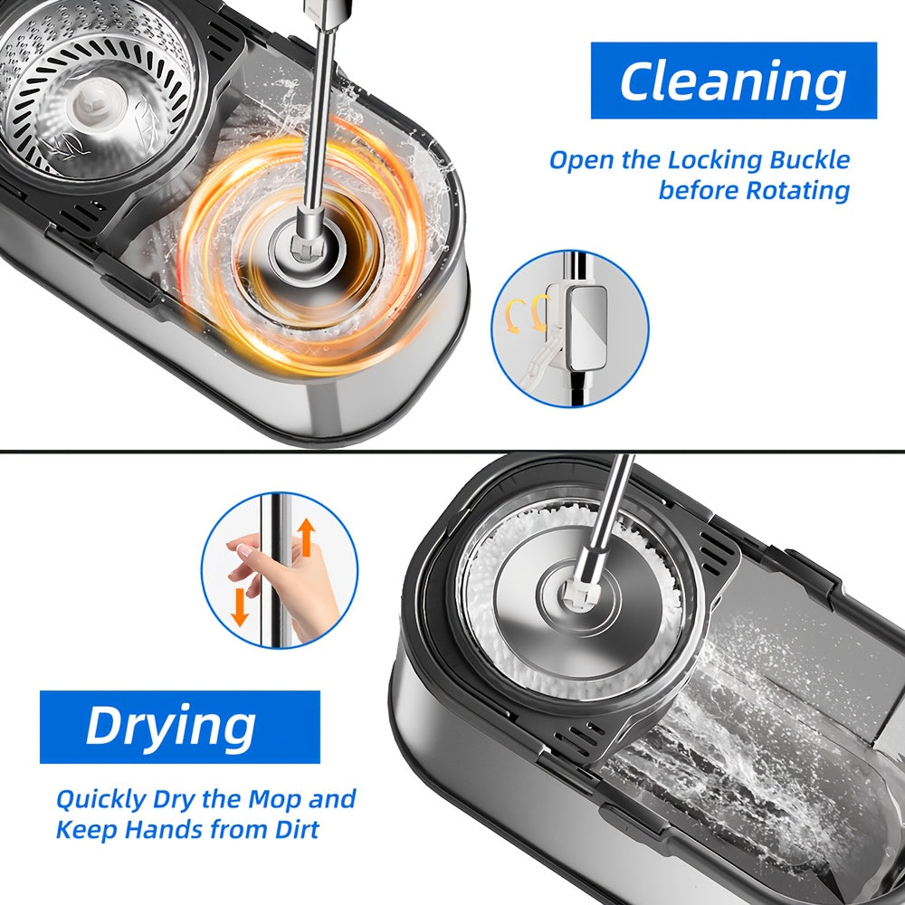 Aylanadigan Mop Chekasi - Uy oshxona pollarini tozalash uchun ideal - Qattiq va plitka yuzalarida quruq yoki nam holda ishlatilishi mumkin - 2 ta qayta ishlatiladigan super nozik tolali mop boshliqlari bilan birga keladi