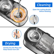 Aylanadigan Mop Chekasi - Uy oshxona pollarini tozalash uchun ideal - Qattiq va plitka yuzalarida quruq yoki nam holda ishlatilishi mumkin - 2 ta qayta ishlatiladigan super nozik tolali mop boshliqlari bilan birga keladi