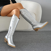Women's Oversized Pointed Toe Chunky Heel Knee-High Western Cowboy Boots Side Zipper