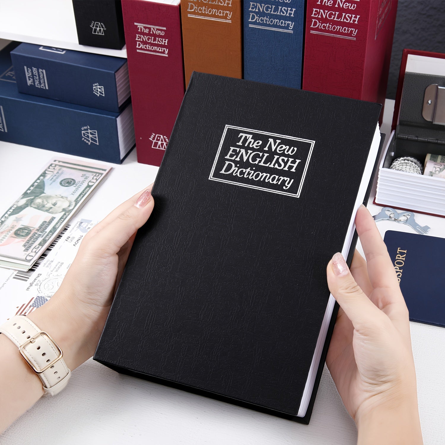 Metal Book Shape Money Box with Password Lock for Valuables Safe Storage