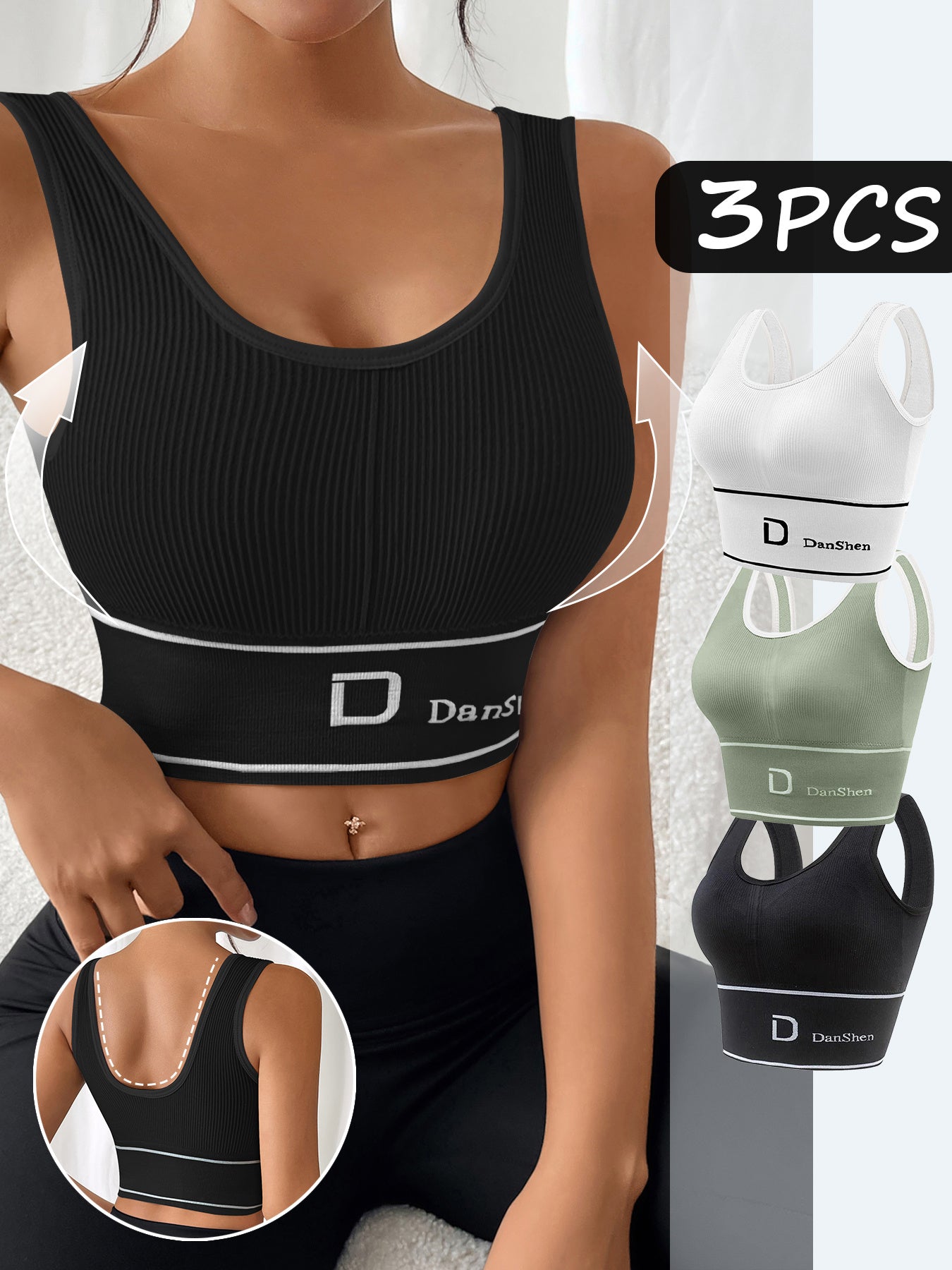 Plus Size Sports Bra 3-Pack Backless Wire-Free Padded Yoga Running