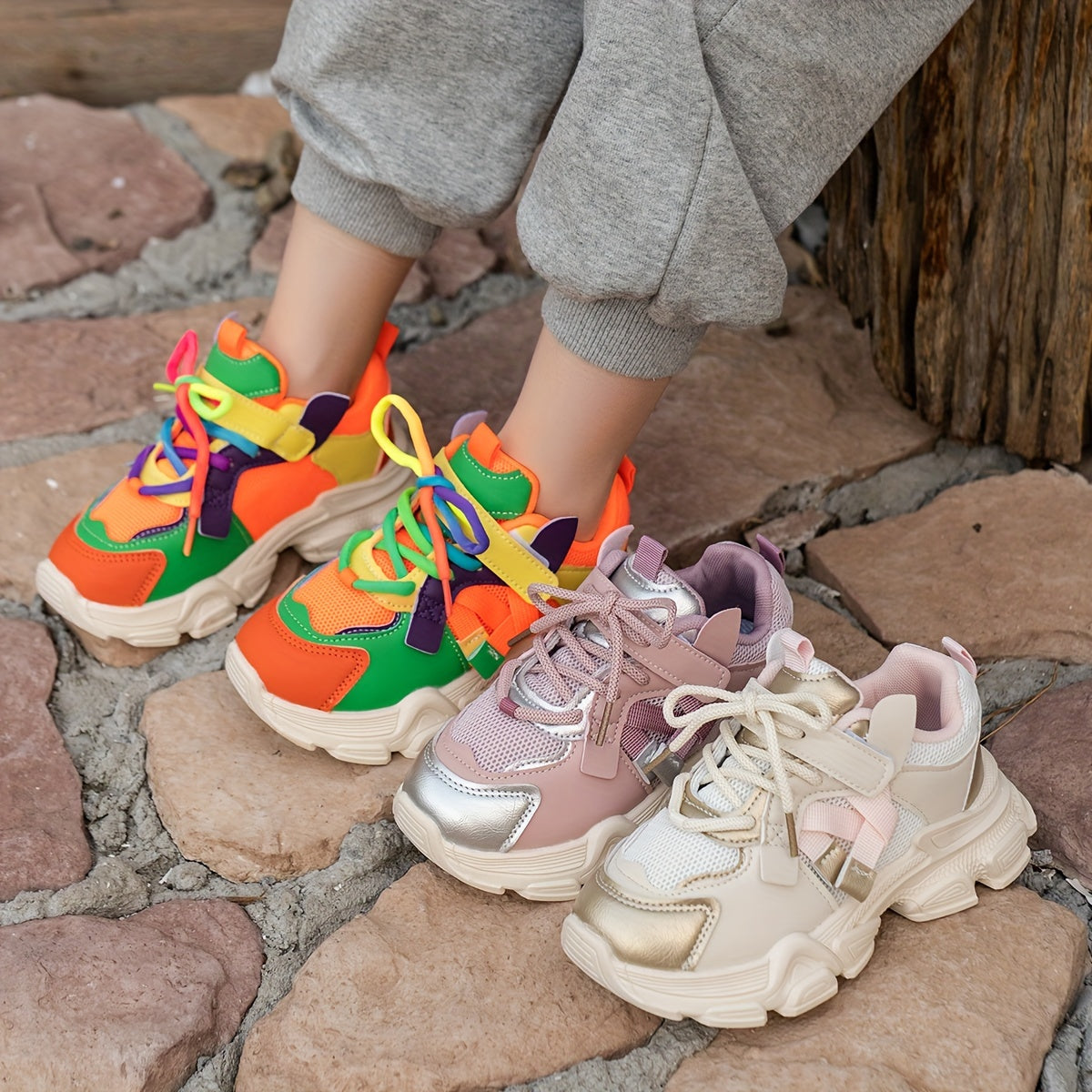 Kids Breathable Athletic Sneakers with Non-Slip Soles and Hook-and-Loop Closure for Spring and Fall