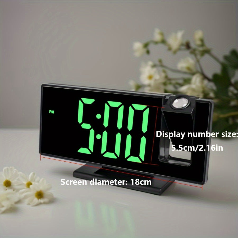 Digital LED Projection Alarm Clock with 180° Flat Display and Temperature Display Black Square Design