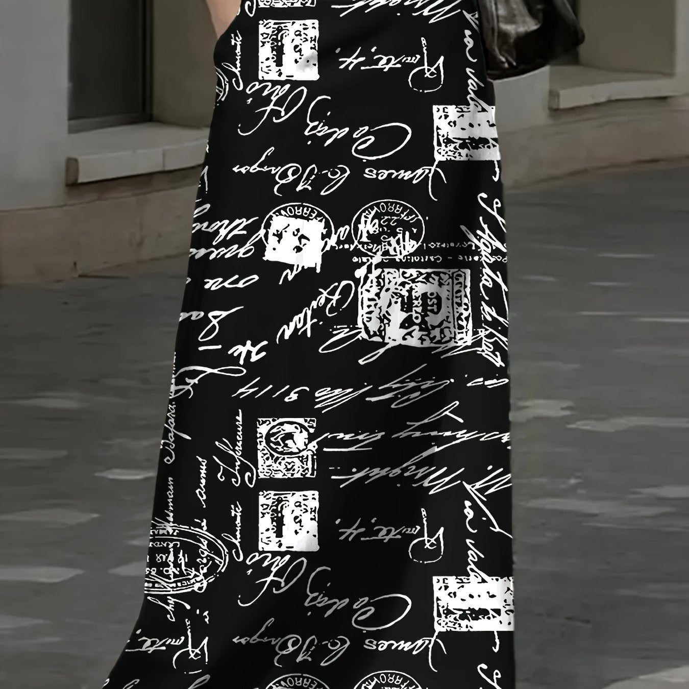 Plus-Size Geometric Print Midi Skirt with Pockets Polyester Flared All-Season