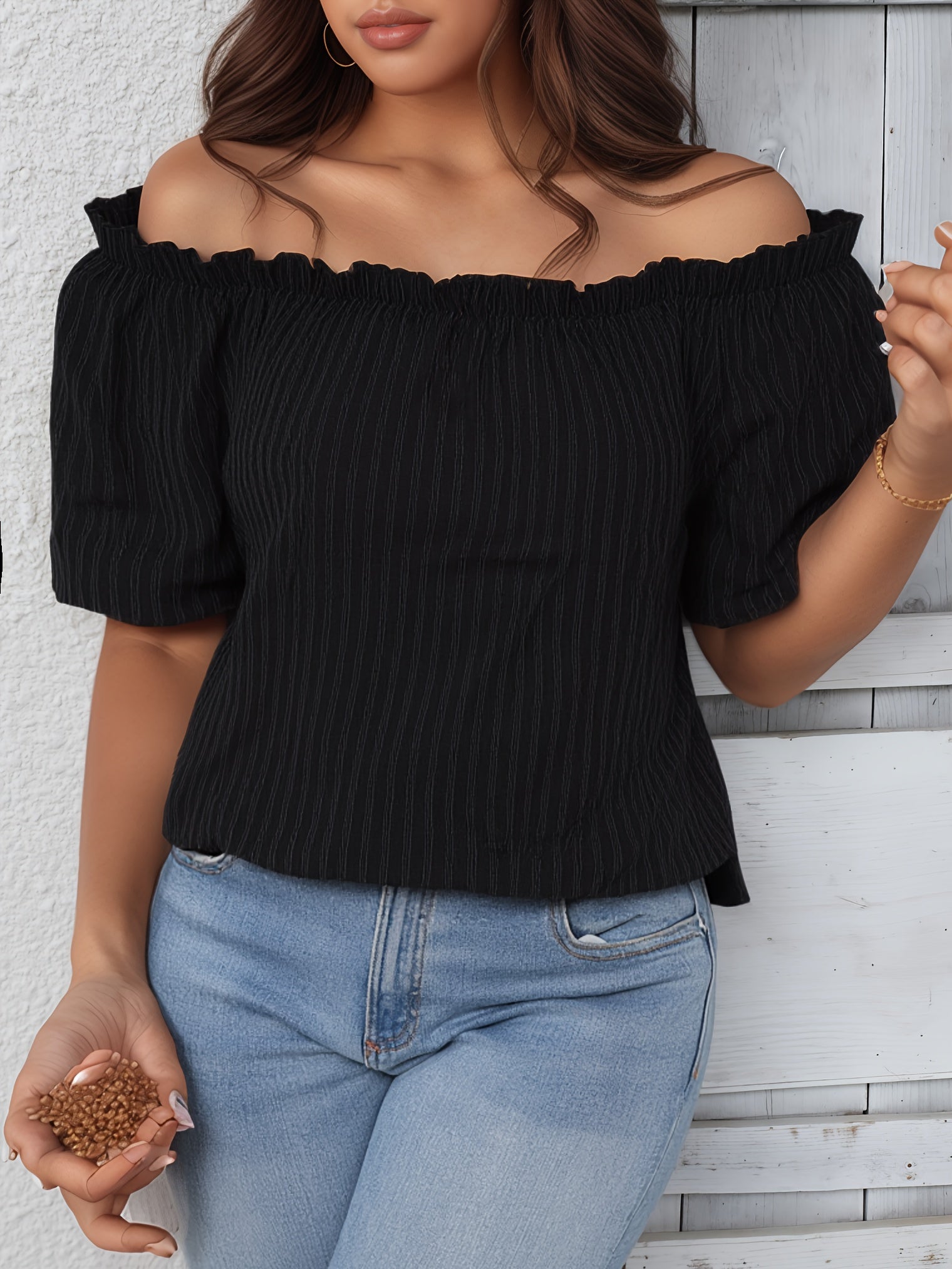 Plus Size Textured Off Shoulder Blouse for Women Spring Clothing
