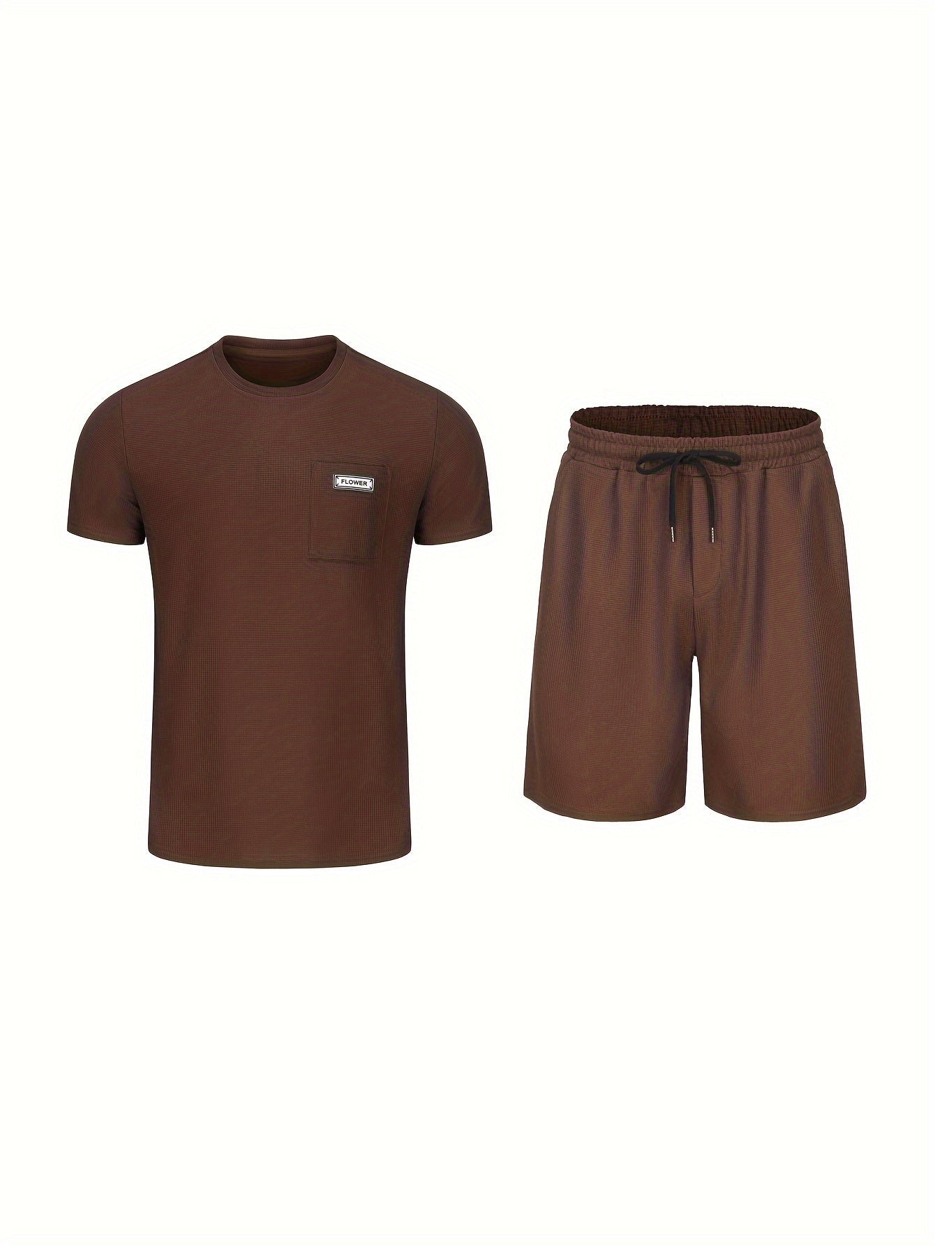 Men's Summer Casual Polyester Knit Shorts Sports Suit Solid Color Crew Neck Regular Fit