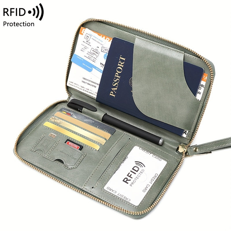 Brown RFID Blocking Travel Wallet with Zipper Closure and Wrist Strap for Passports and Cards