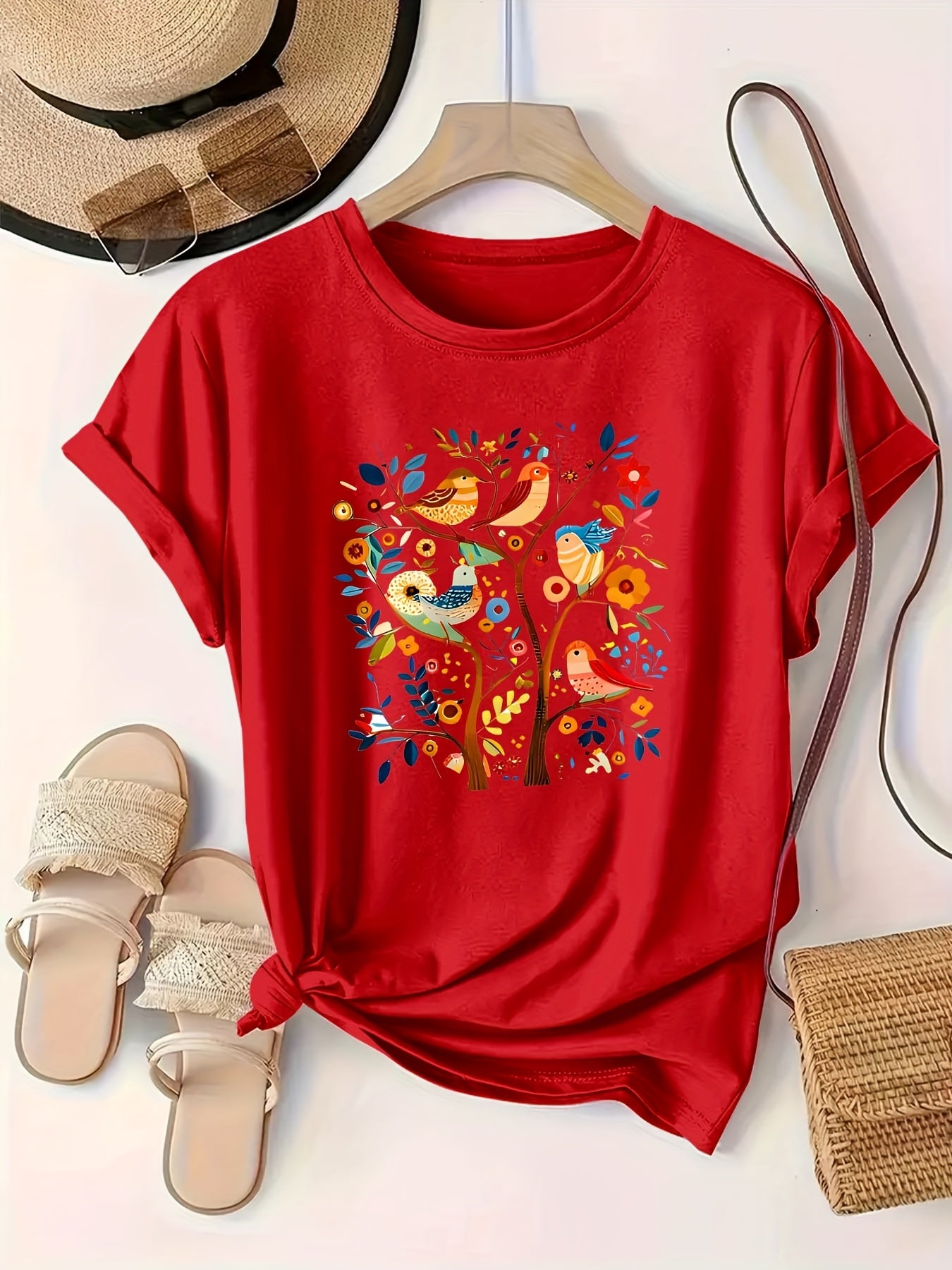 Plus Size Women's Casual Breathable Cotton T-Shirt with Colorful Birds Print