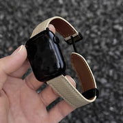 Litchi Pattern Patent Leather Apple Watch Strap Water-Resistant with Magnetic Buckle Beige Dark Brown