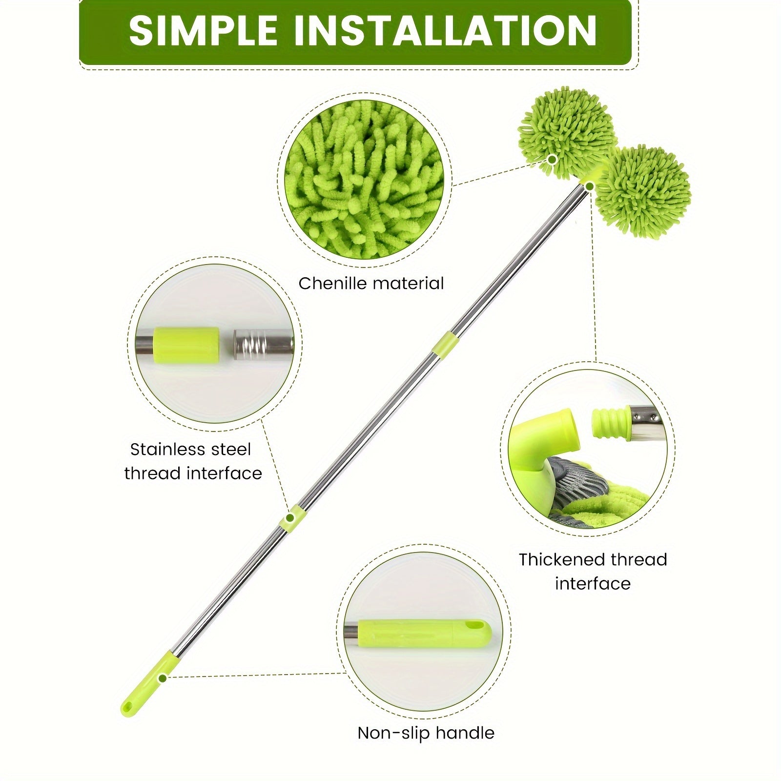 Cepillo de microfibra verde para lavado de coches con mango largo y cabeza ajustable