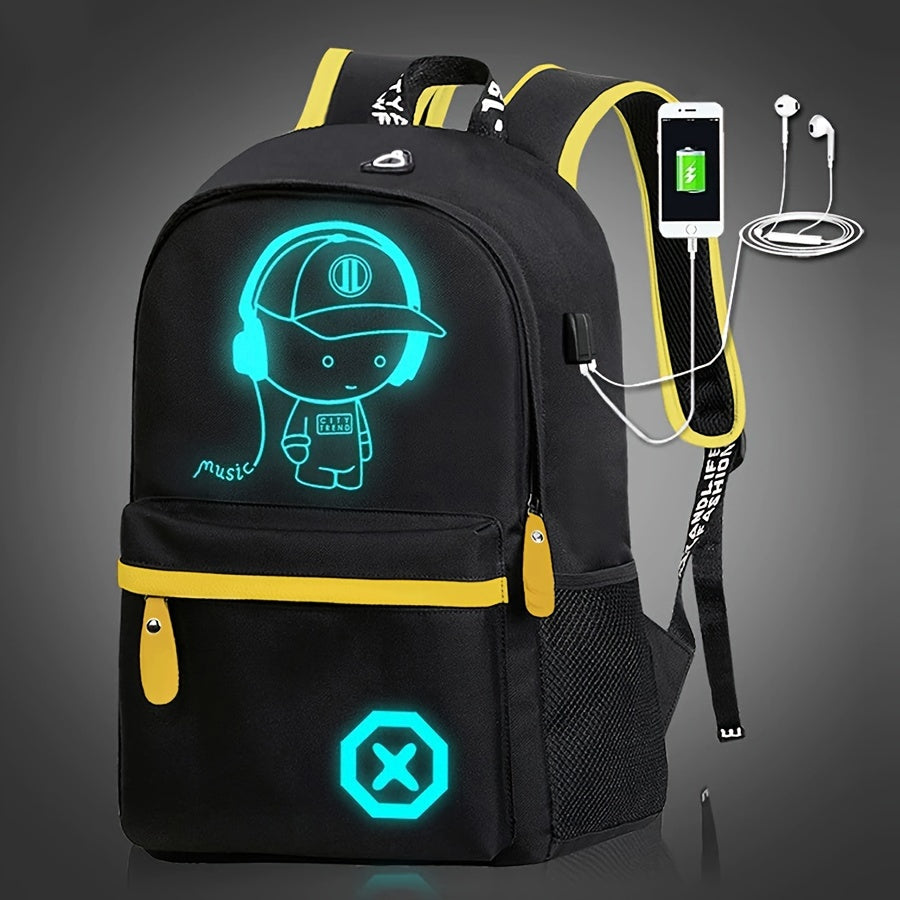 Glow-in-the-Dark Cartoon Backpack with USB Charging Adjustable Straps Zipper Closure