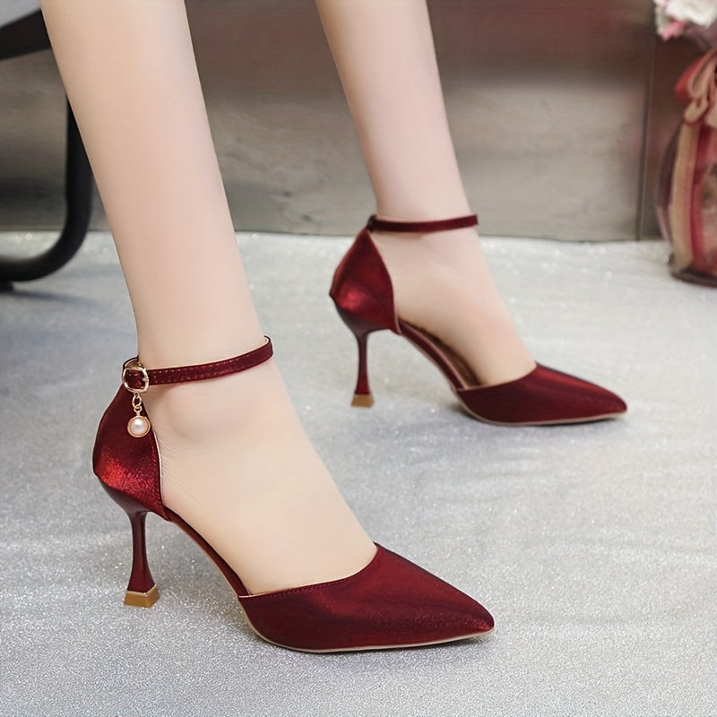 Women's Satin Pointed Toe High Heels with Ankle Strap for Evening and Wedding