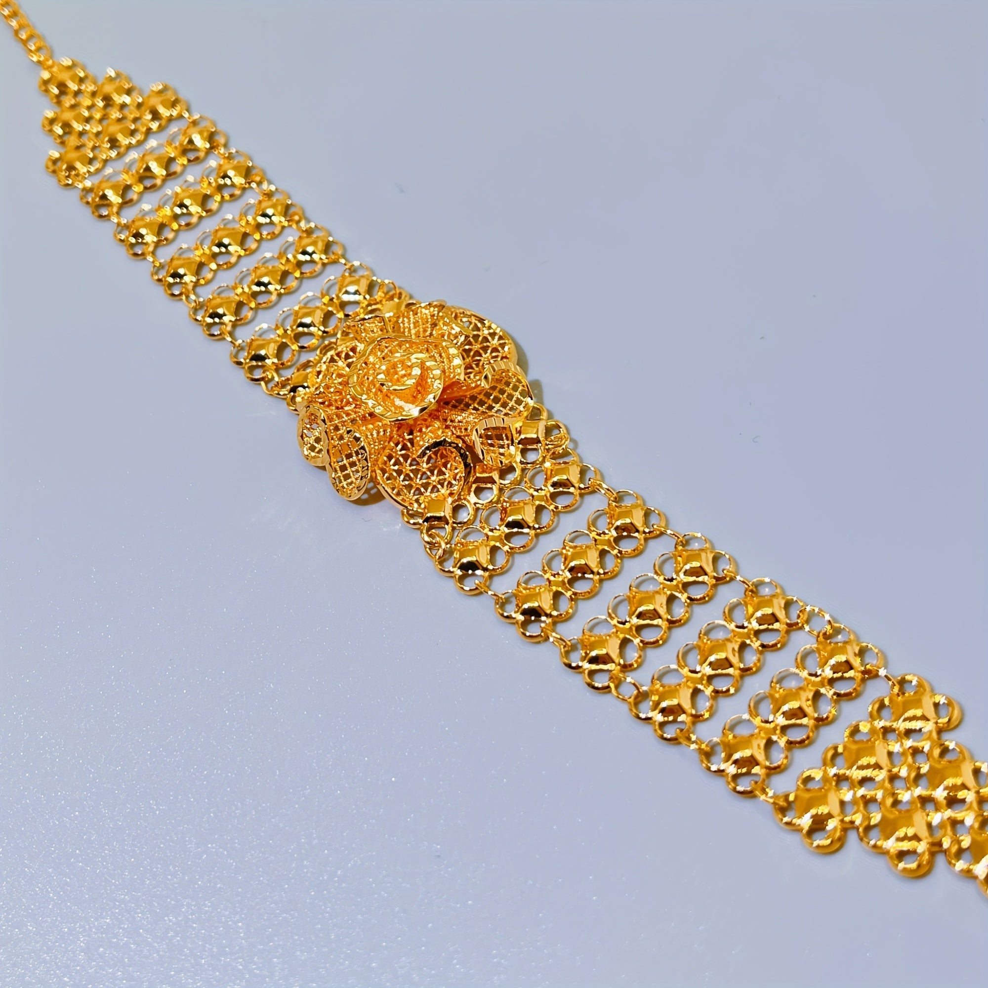 Gold-Plated Champagne Rose Flower Bracelet with Wide Chain for Weddings and Gifts