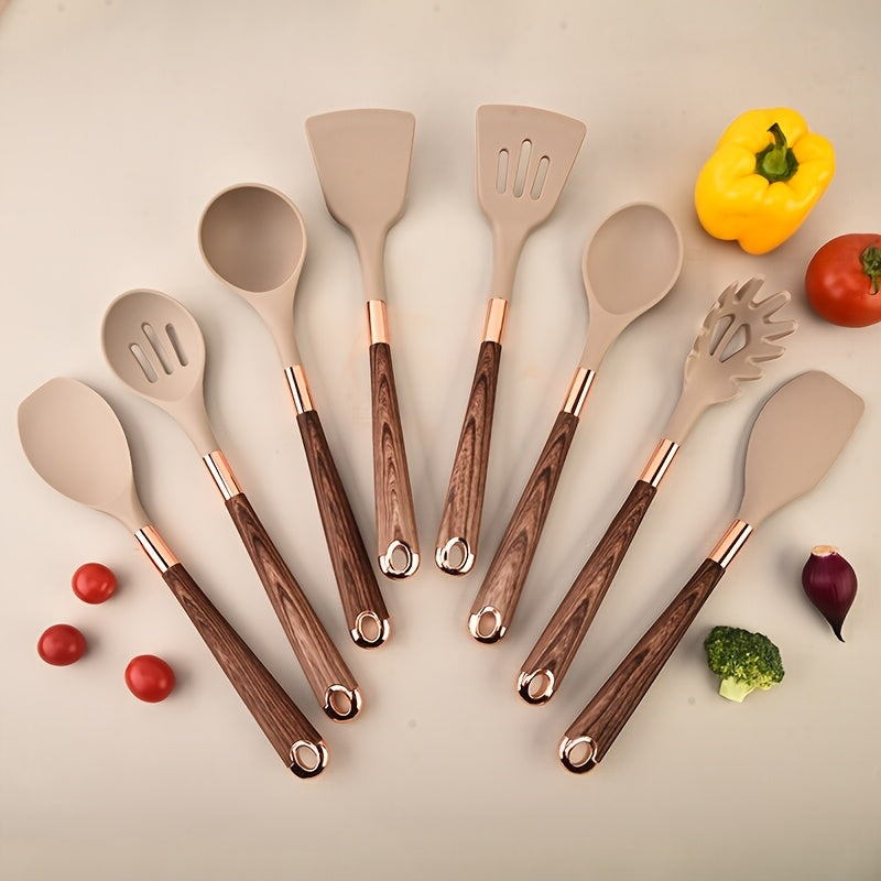 Silicone Kitchen Utensils Set Non-Stick Cookware Tools with Wooden Handles