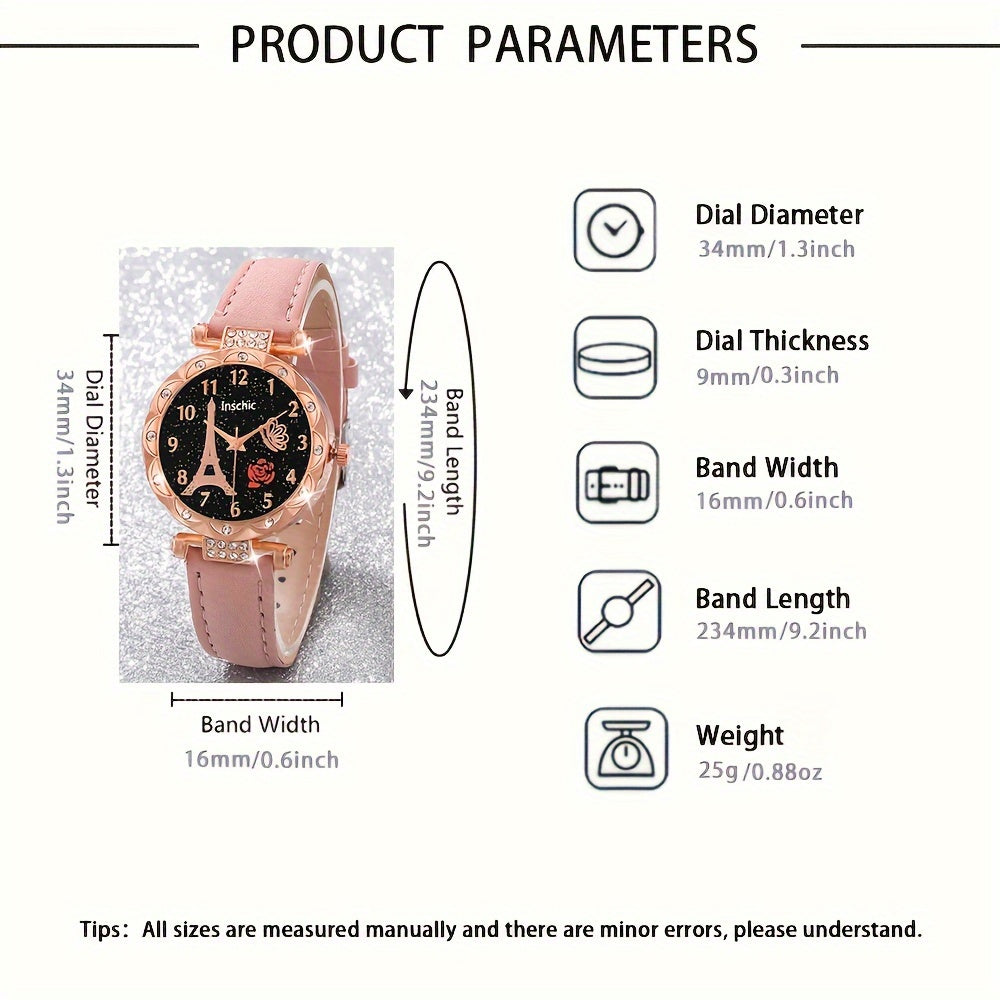 Six Pieces Women's Quartz Watches with PU Leather Wristbands Alloy Pointers Jewelry Gift Set