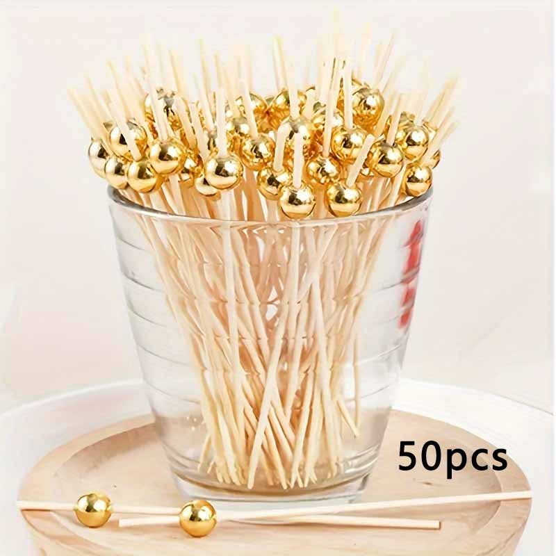 Bamboo Cocktail Picks with Golden Pearls for Fruit Cake Snacks and Appetizers