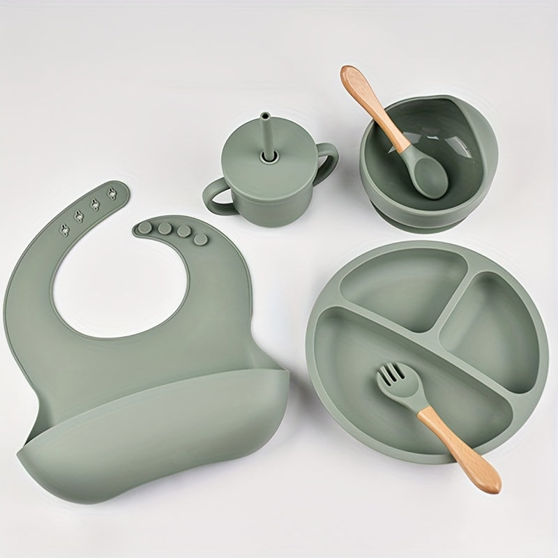 Baby Silicone Dinnerware Set Includes Suction Plate Bowl Bib Fork Spoon Straw Cup BPA-Free for Toddlers