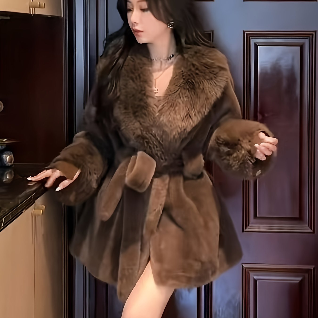 Women's Faux Fur Teddy Coat with Belt Long Sleeve Midi Winter Chic Solid