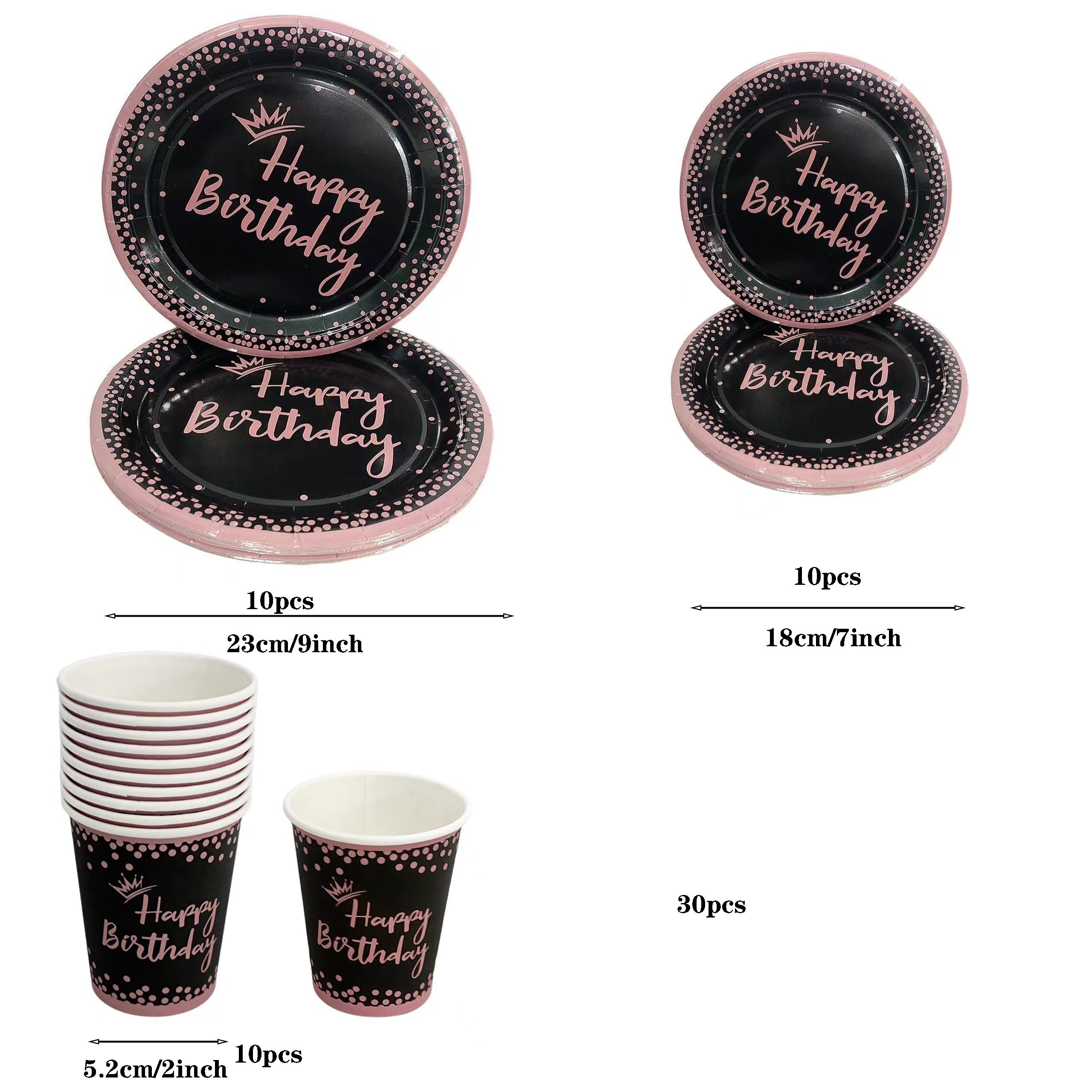 Set of 10 Black and Rose Gold Birthday Party Supplies Princess Crown Dinner Plates Napkins Cups Dessert Plates