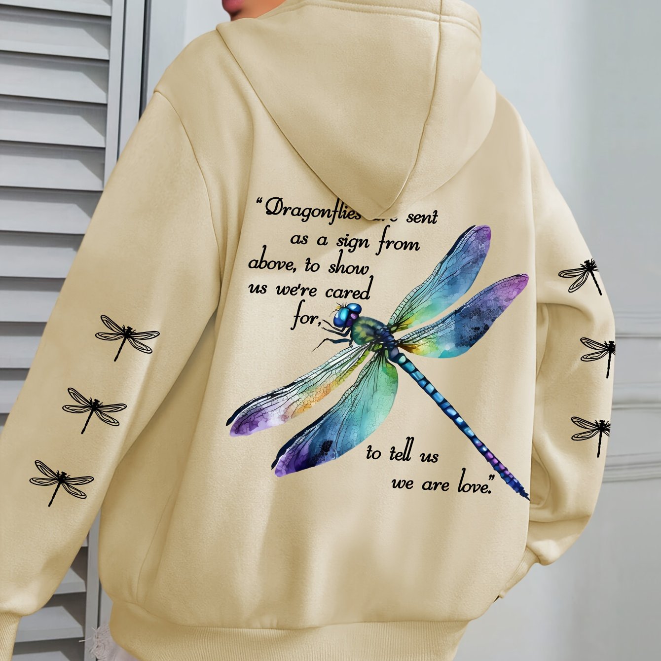 Толстовка с длинными рукавами для женщин больших размеров с принтом стрекозы, зелёная