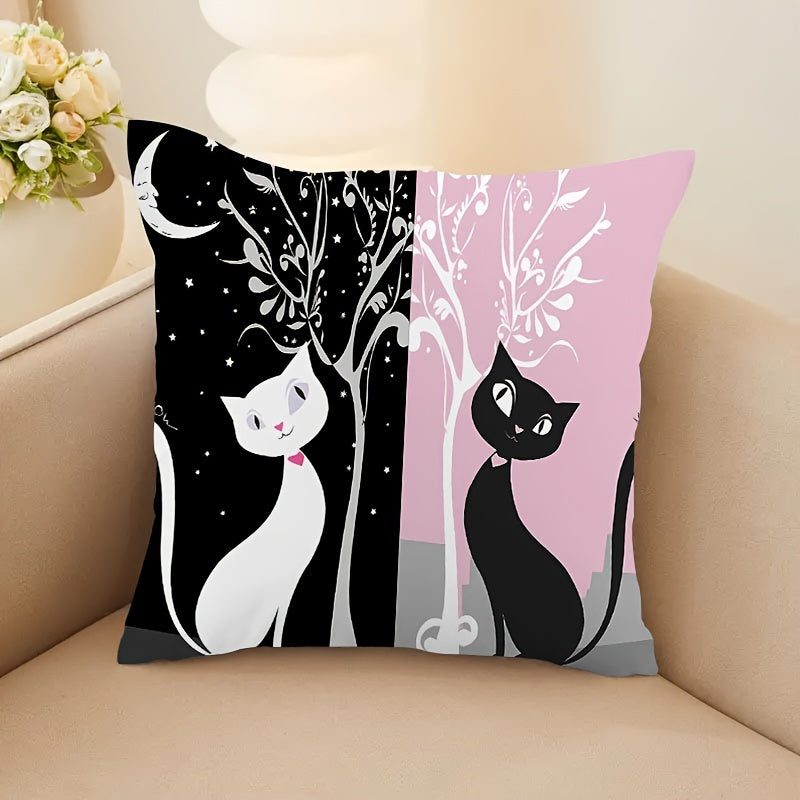 Black and White Short Plush Cat Pillowcase 45.72x45.72 cm Zipper Closure Single-Sided Printed for Home Sofa Bedroom Decor