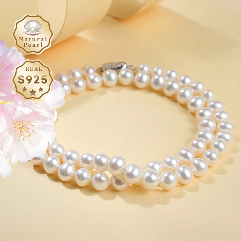 Silver Freshwater Pearl Necklace for Women 7-8mm Lustrous White Pearls Gift Box