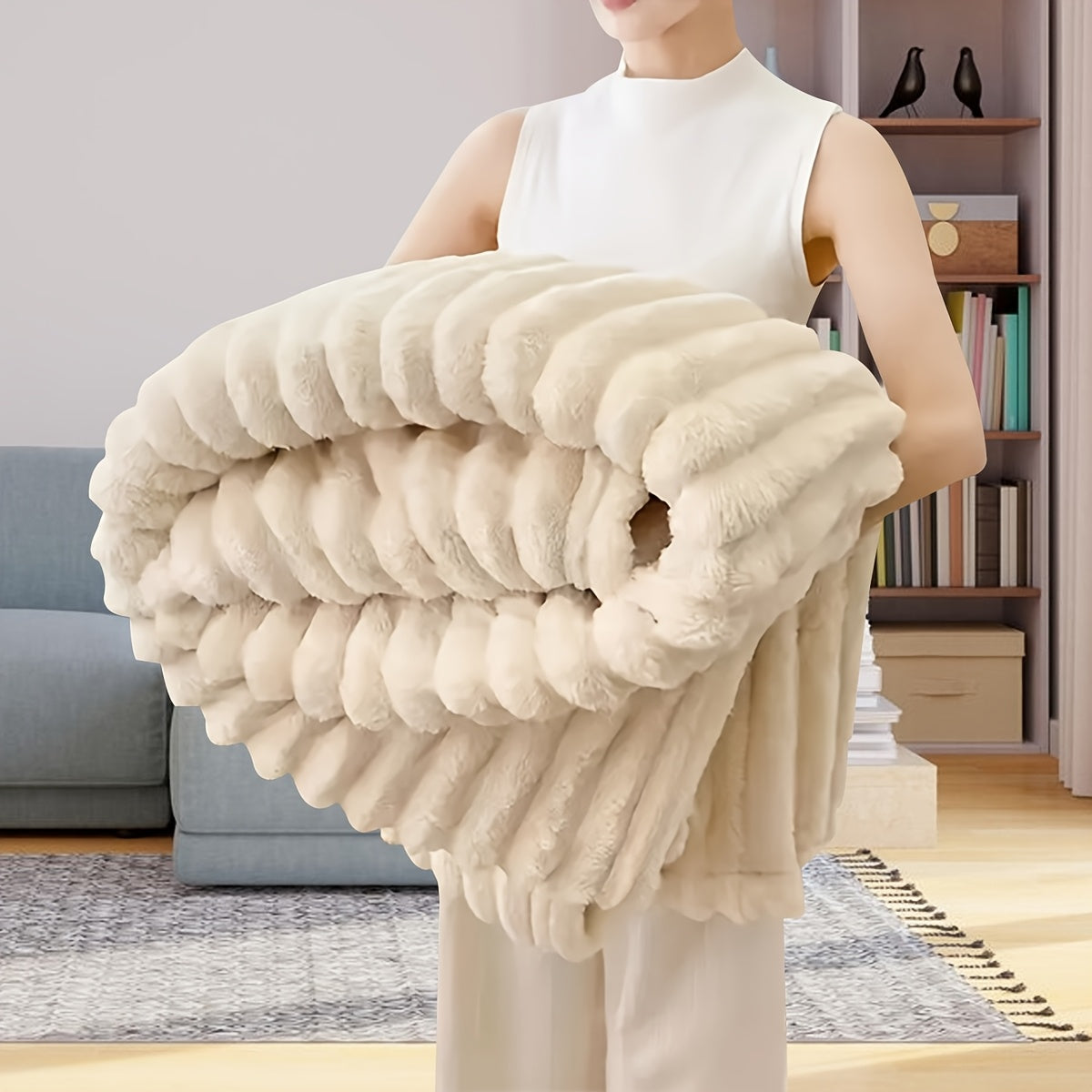 Striped Fleece Throw Blanket Dual-Sided Ribbed Cozy Warm Bed Couch Decor