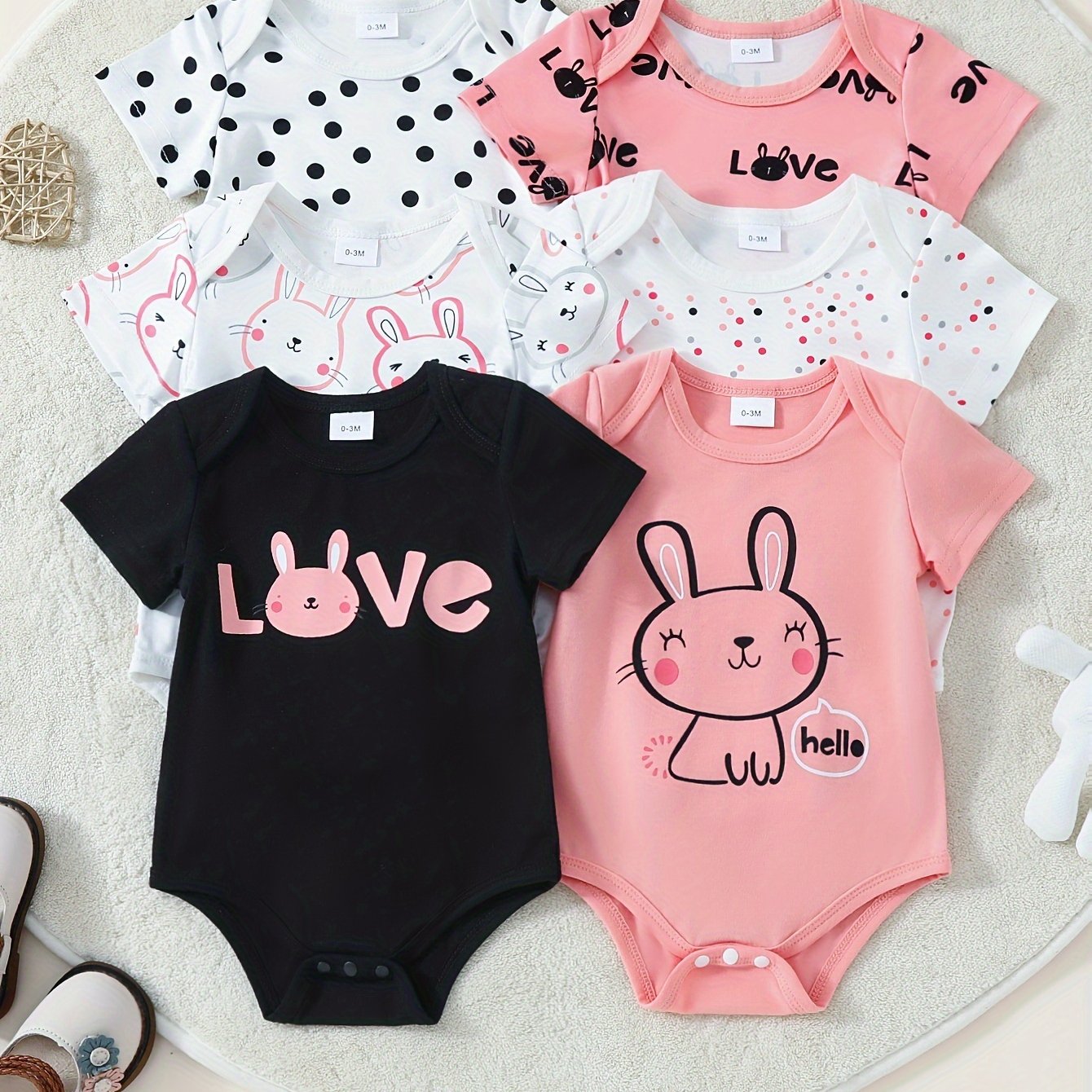 Set of Six Cute Bunny-Themed Short-Sleeve Cotton Baby Onesies for Outdoor Wear