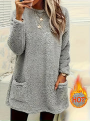 Women's Long Sleeve Crew Neck Top with Pockets Fleece-Lined Polyester Knit Solid Color Fall Winter