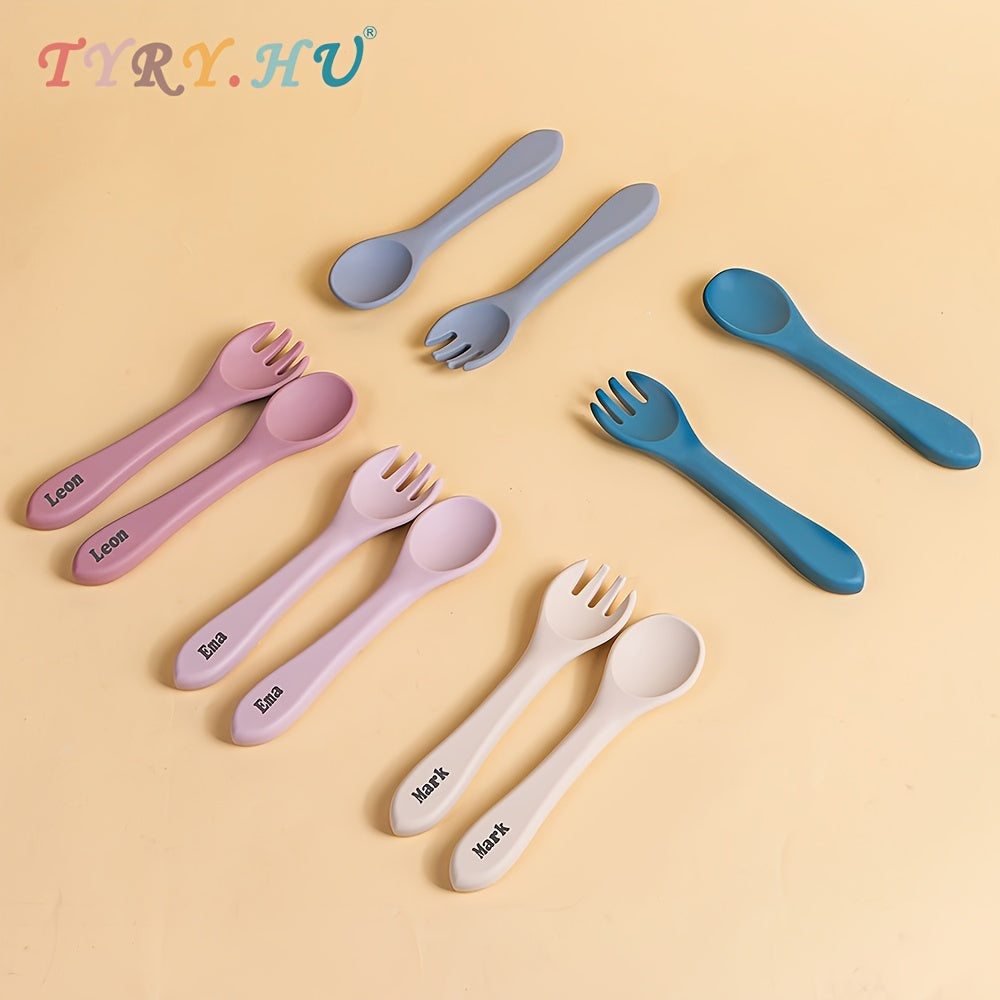 Baby Feeding Set Fork and Scoop Personalizable Silicone BPA Free for Self-Feeding Gift