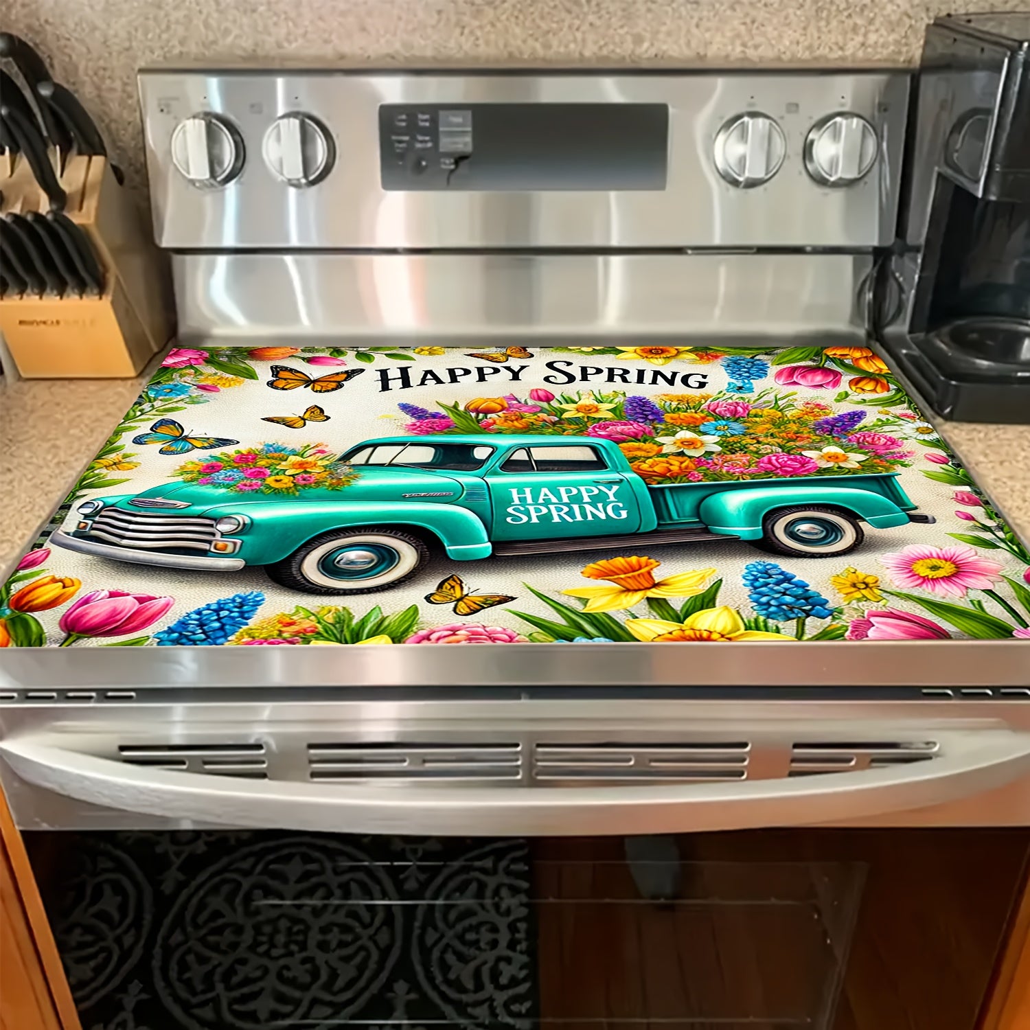 Yorqin bahor gullari va yuk mashinasining naqshli pech qopqogʻi mato, sirpanishga qarshi, polyester oshxona himoyachisi