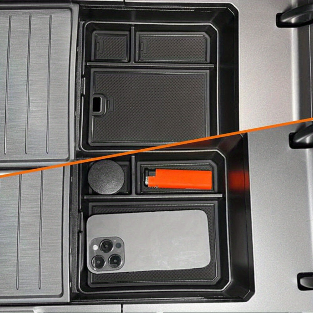 Bandeja de almacenamiento de plástico universal para reposabrazos de coche con múltiples compartimentos