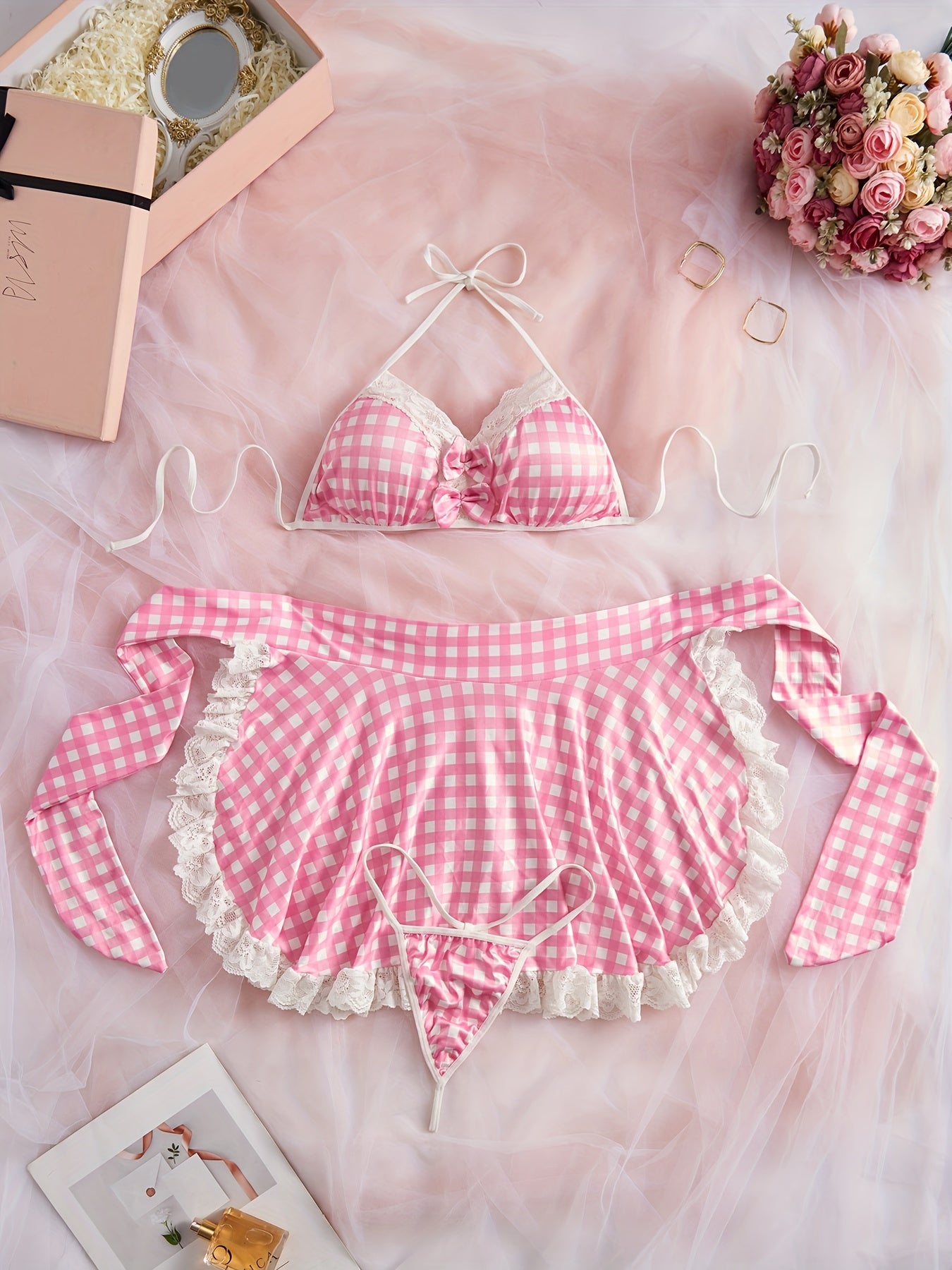 Plaid Maid Outfit with Ribbon Bow and Sexy Lingerie for Women