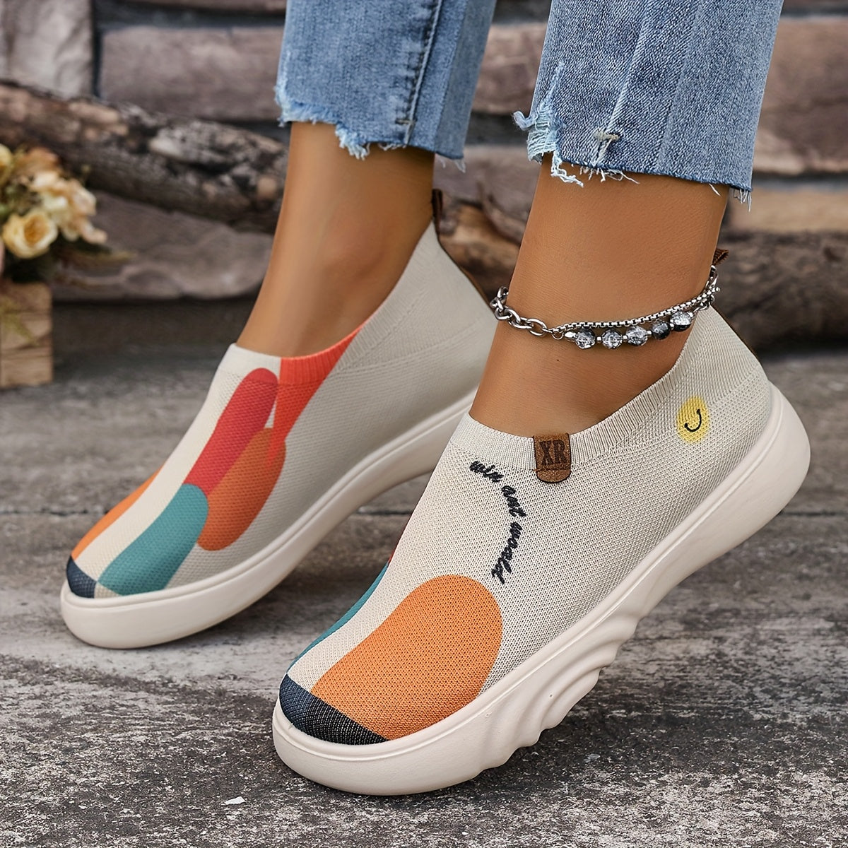 Women's Slip-On Sneakers with Colorful Block Heel Casual Shoes