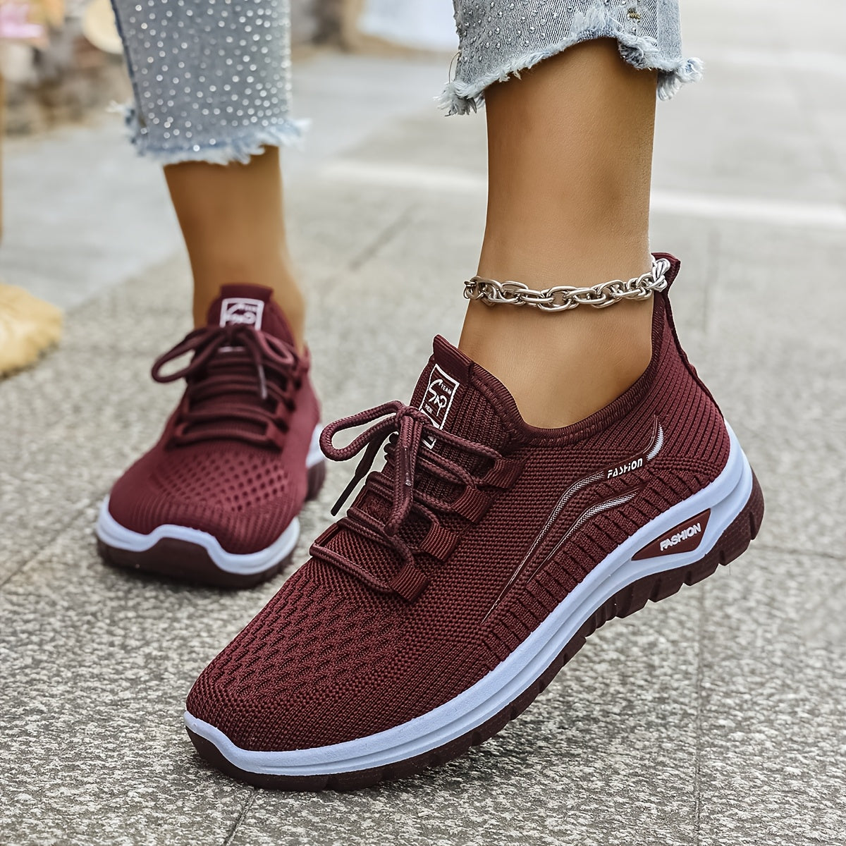 Women's Casual Knit Running Shoes with Lace-Up Patterned Design