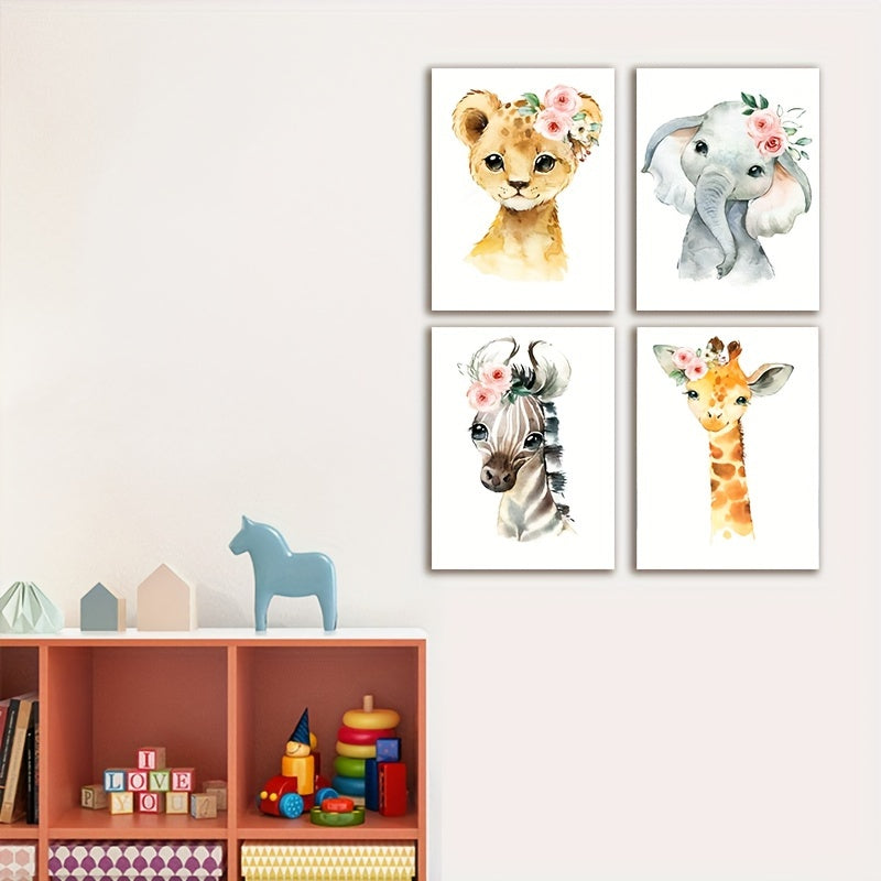 4 ta akvarel uslubidagi hayvonlar plakatlari to'plami, fil, sher, jirafa va gul bilan zebra. Yotoqxona yoki ko'ngilochar xonalar uchun uy bezatish uchun mukammal. A5 va A4 o'lchamlarida mavjud. Ramkalar kiritilmagan.