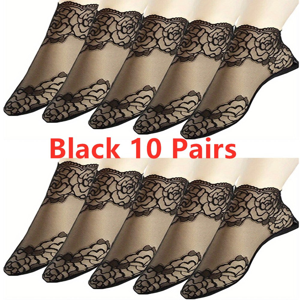 Women's Invisible Socks 5 Pairs Geometric Lace Floral Trim Polyester Spandex