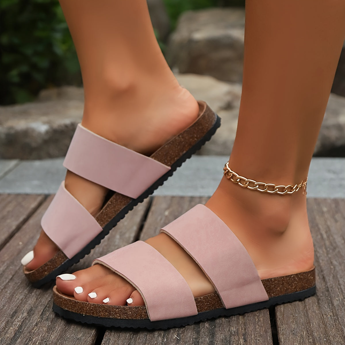 Women's Double Strap Slide Sandals Casual Open Toe Flat Faux Cover Black White Gray Brown