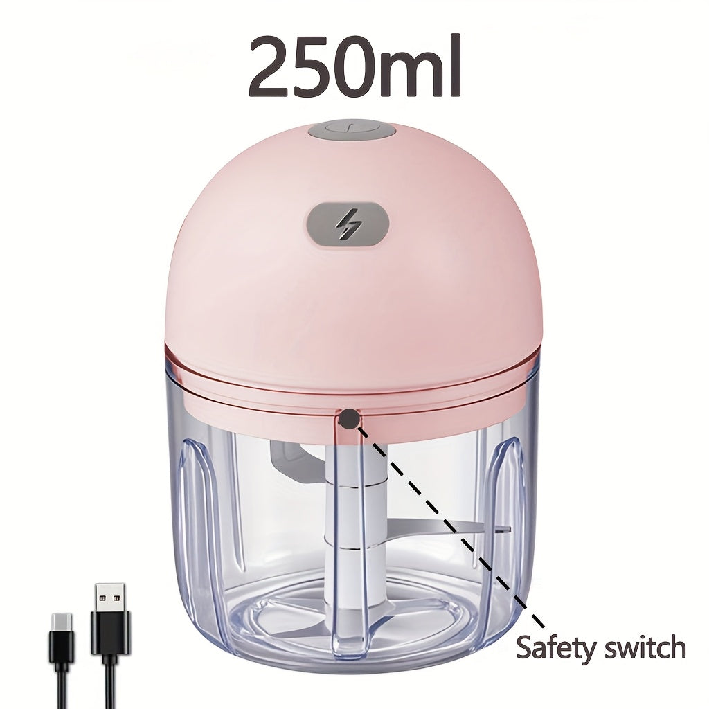 Stainless steel pichoqli USB qayta zaryadlanadigan sarimsoq bosish va maydalash qurilmasi, turli taomlar uchun kompakt va portativ dizayn, 36V xavfsiz kuchlanish, 500mAh batareya, bardoshli plastmassa korpus.