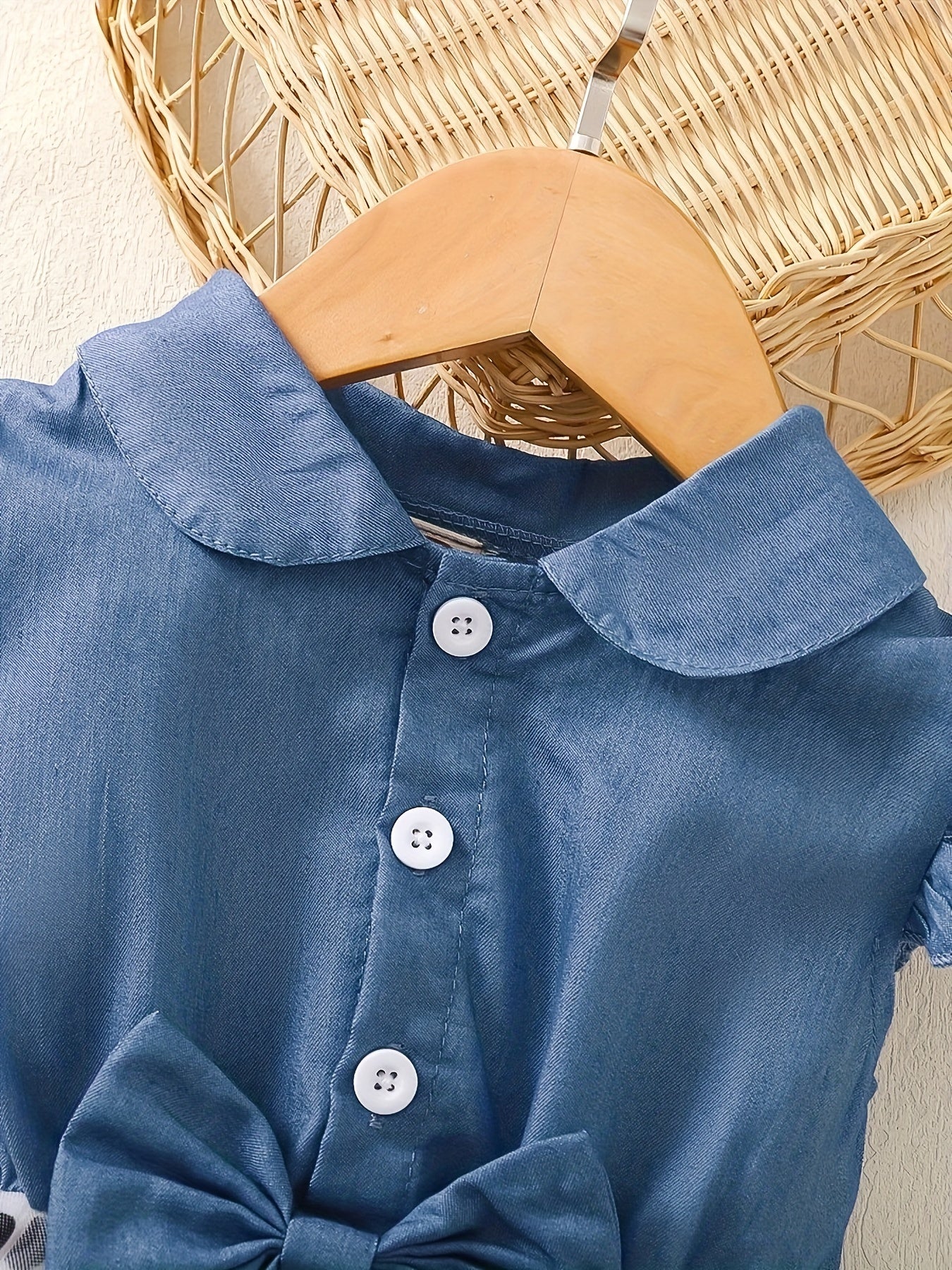 Girls Summer Cotton Dress with Polka Dots and Imitation Denim Print