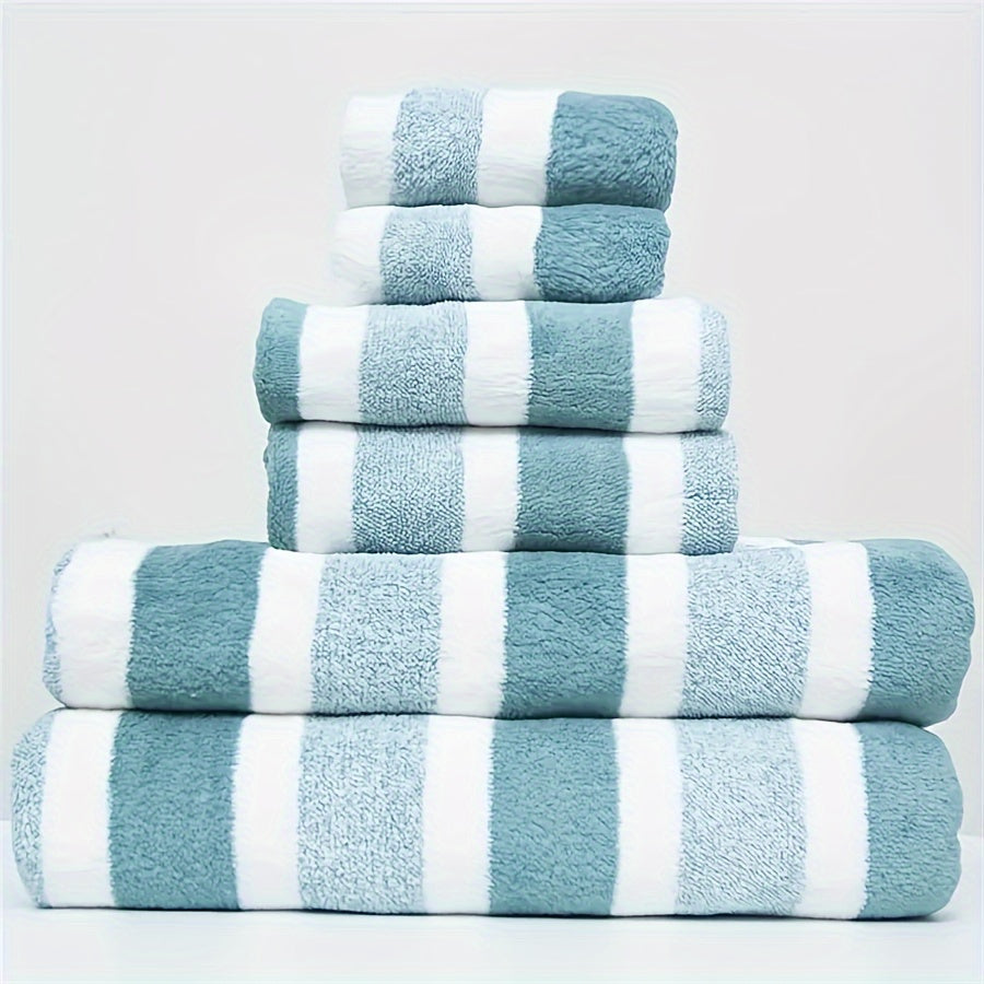 6-Piece Set of Soft Quick-Dry Striped Towels with High Absorbency for Home Spa Beach Gym
