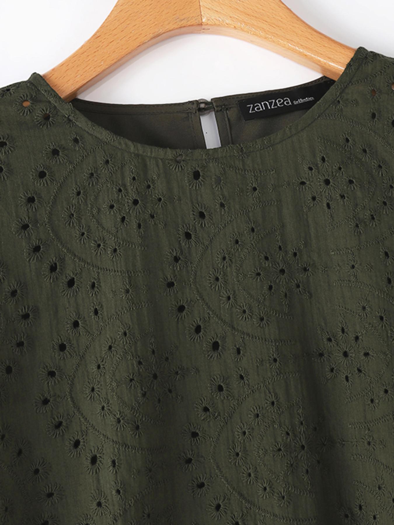 Plus Size Women's Casual Cotton Blouse with Eyelet Embroidery and Flared Sleeves