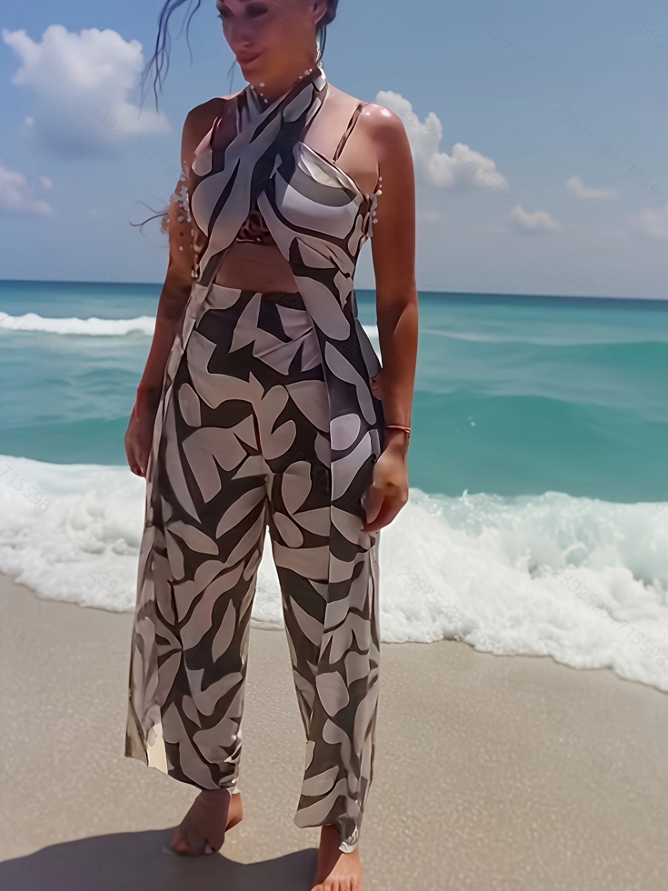Women Geometric Print Beach Pants Loose Fit Wide-Leg Harem Culottes