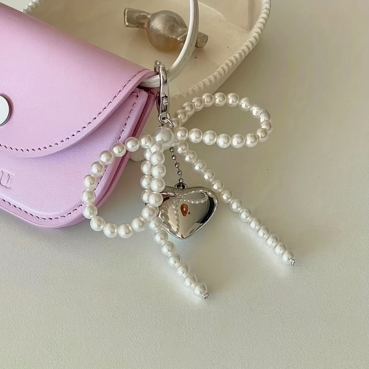 Large Heart-Shaped Metal Pendant with Pearl Bow for Women Girls Mobile Phone Camera Bag Keychain